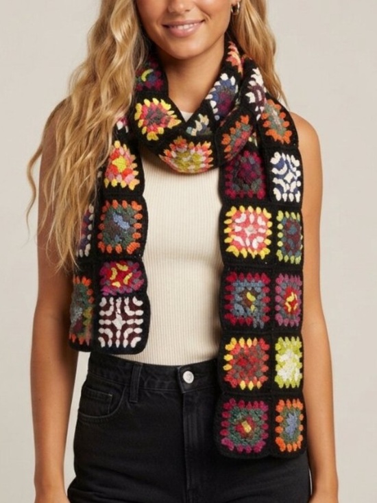 SPELLEDIT Accessories - SPELLEDIT Black Multi Granny Square Handmade Scarf One Size 34820
